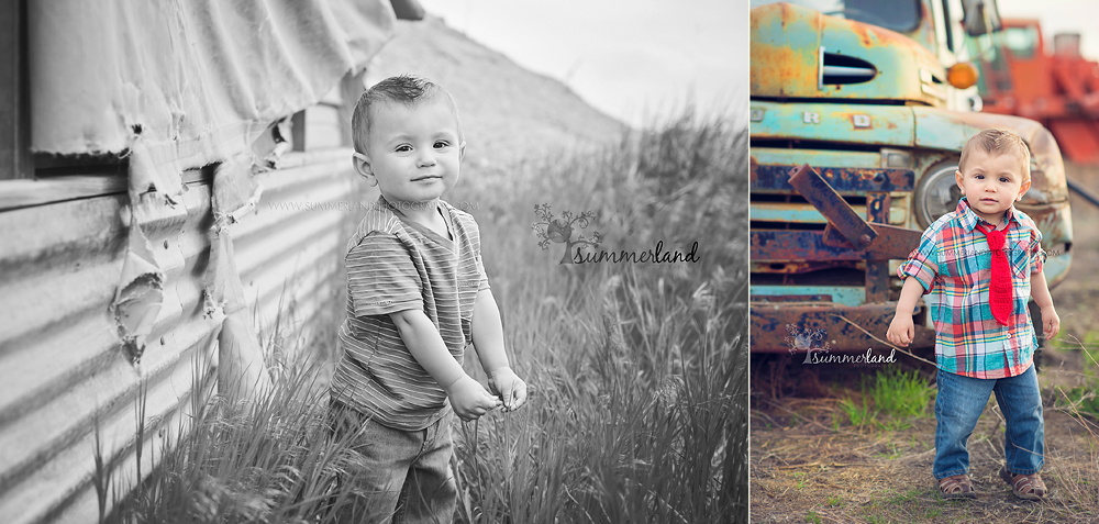 black and white fine art 1-year-old toddler pictures with old truck Pasco, Kennewick, Richland Tri-Cities Summerland Baby Plan member